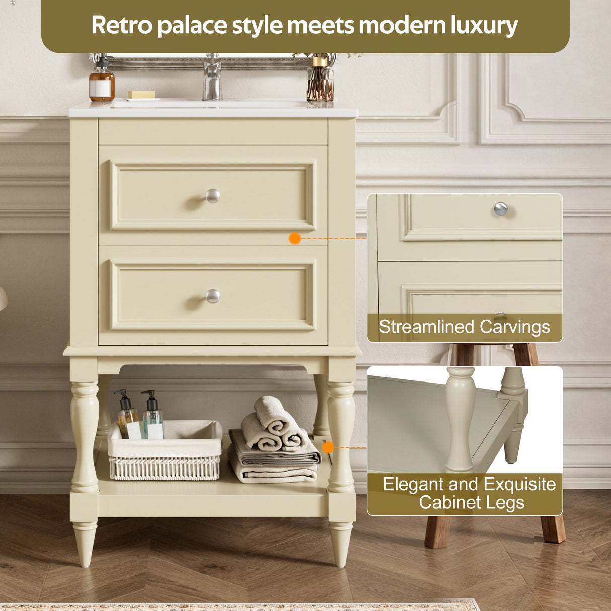 Retro Design Bathroom Vanity With Sink, 2 Drawer Storage Cabinet