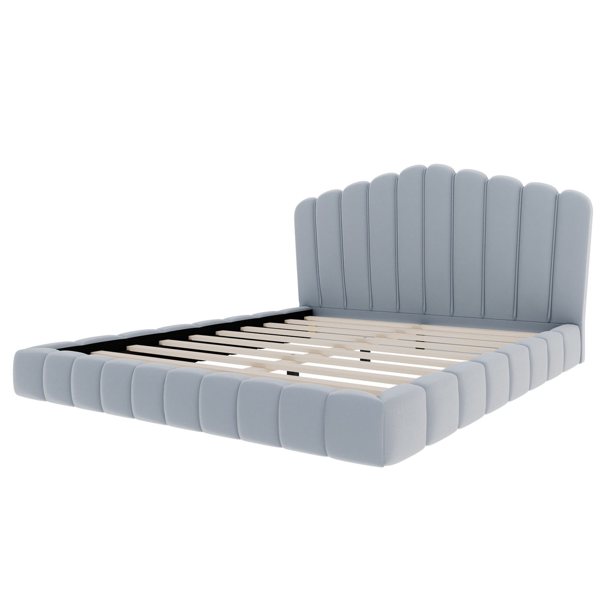 Queen Upholstered Bed Frame With Shell Shaped Headboard - Light Blue - Light Blue