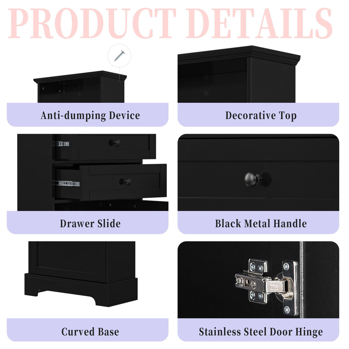 Tall Storage Cabinet With 3 Drawers And Adjustable Shelves For Bathroom