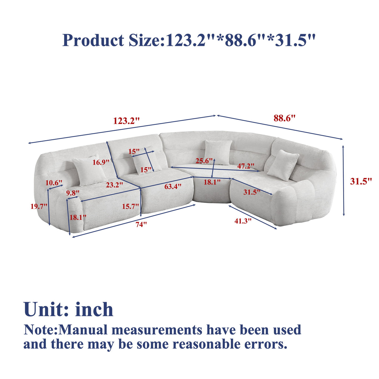 Luxury Curved Corner Sectional Sofa With 4 Pillows