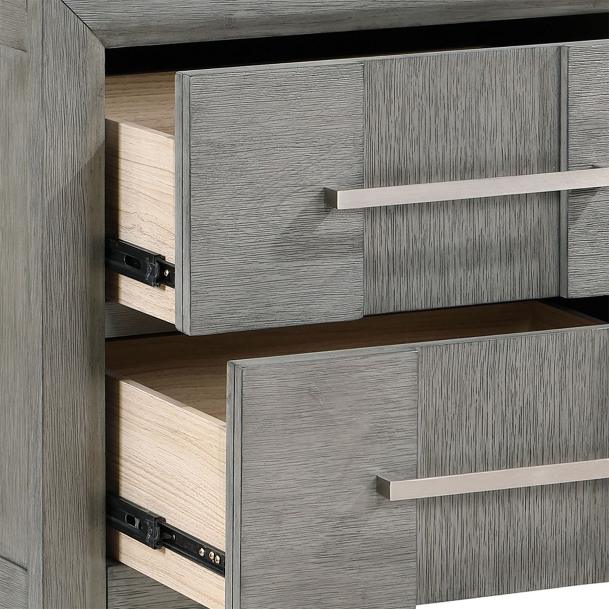 Modern 2 Drawer Nightstand In Gray Finish With Silver Metal Handles, Contemporary Bedside Table With Smooth Glide Drawers