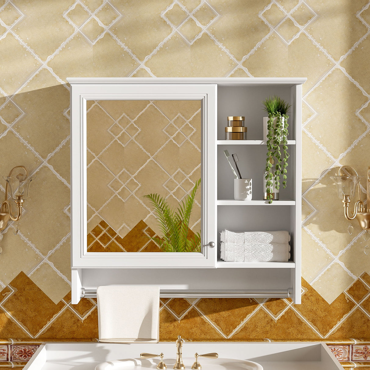 Wall Mount 2 In 1 Mirror Cabinet With Adjustable Shelf, Soft-Closing Hinges