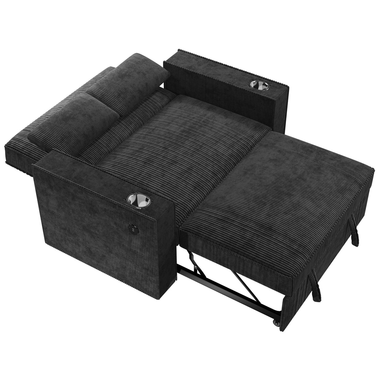 Convertible Sofa With Pull Out Bed, USB Ports & Cup Holders, Matching Pillows - Black