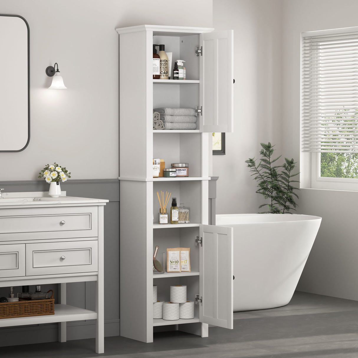 Wooden Bathroom Floor Storage Cabinet With 2 Doors And 6 Shelves - White