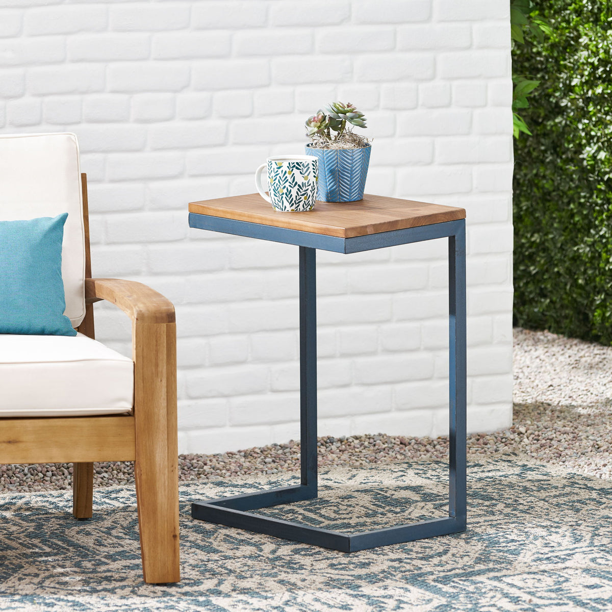 Large C Shaped End Table With Iron Base And Fir Wood Top - Black
