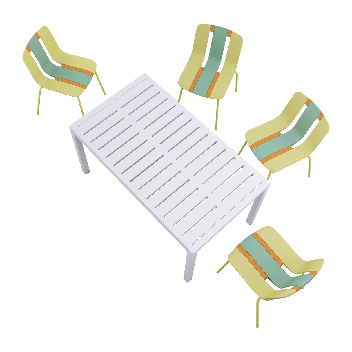 4 Piece Set Of Striped Color Blocking Single Chairs & Long Table - Grain Yellow / Haze Green / Tropical Orange / White