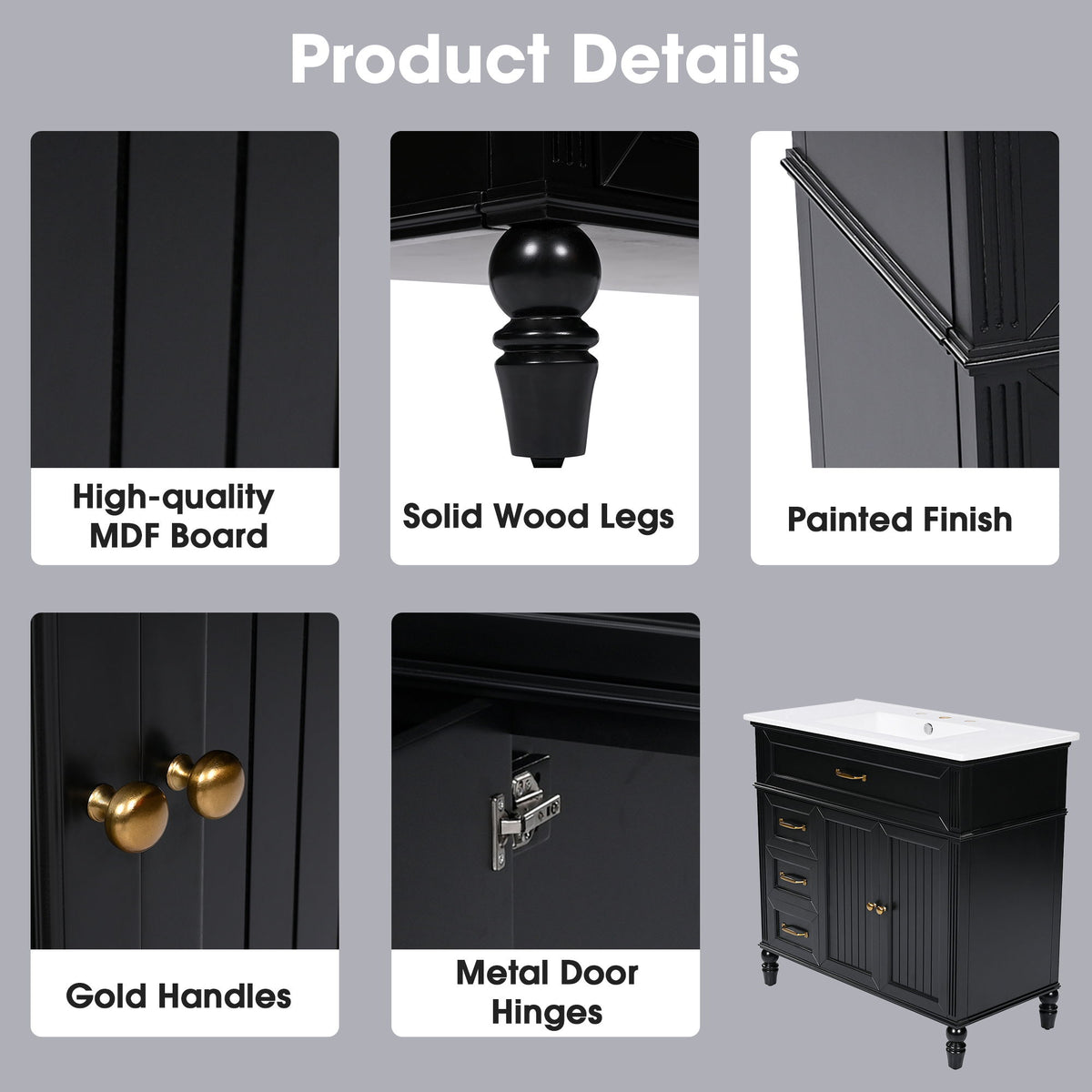 Bathroom Vanity With Sink, 2 Doors 2 Drawers - Black