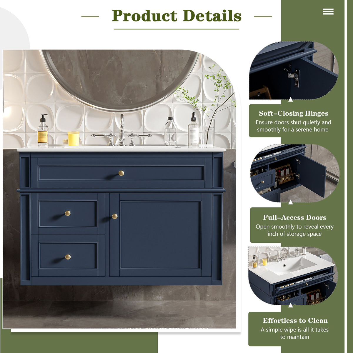 Wall Mounted Bathroom Vanity With 2 Drawers, 1 Tip Out Drawer, 3 Holes Sink