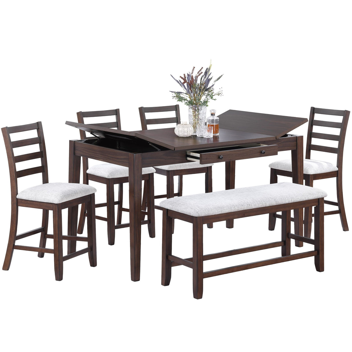 6 Piece Counter Height Dining Set Table With Storage Ladder Back Chairs And Bench - Walnut