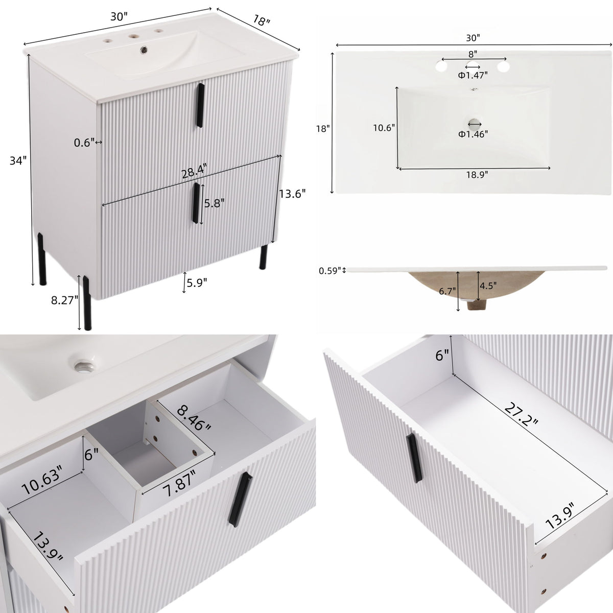 Bathroom Vanity With Ceramic Sink, Fluted Design