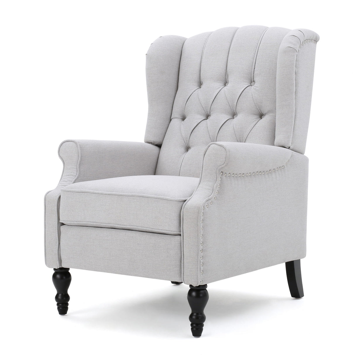 Tufted Arm Chair Recliner With Wingback Style, Pushback Mechanism - Light Gray