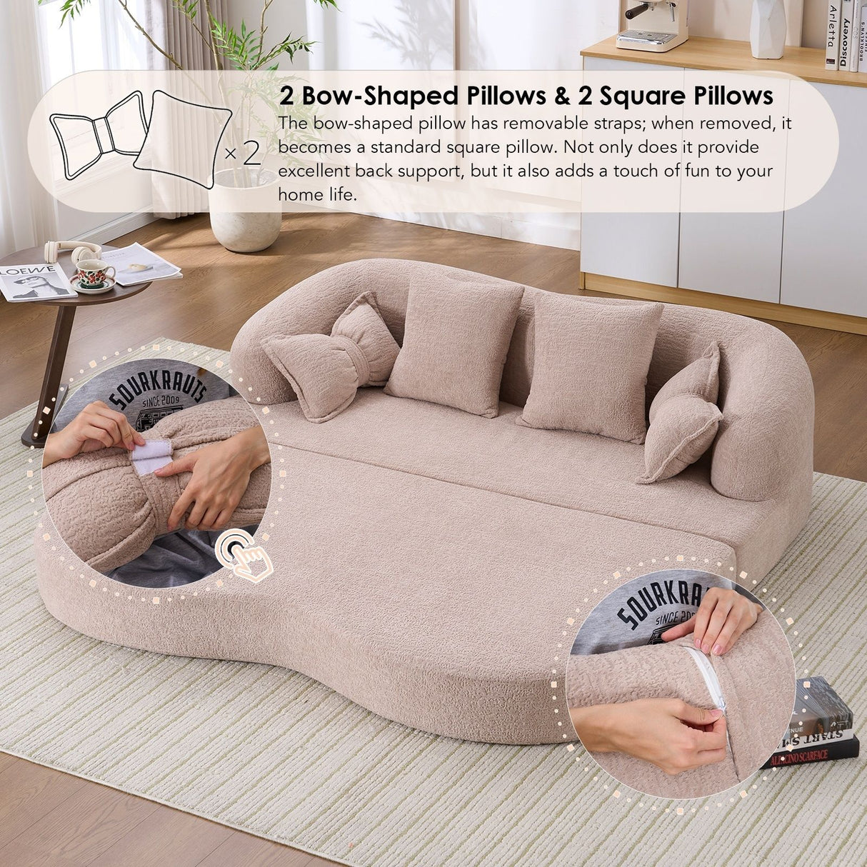 Foldable Sofa Bed, Boneless Couch Convertible Sleeper With 4 Pillows