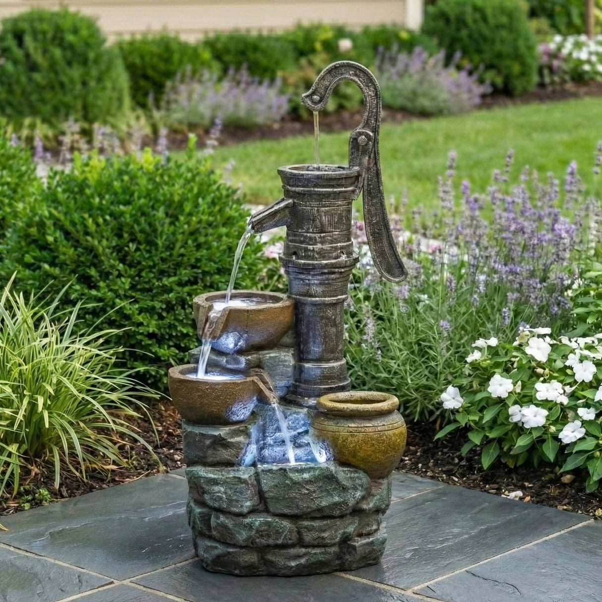 Hand Pump Water Fountain With LED Lights - Gray