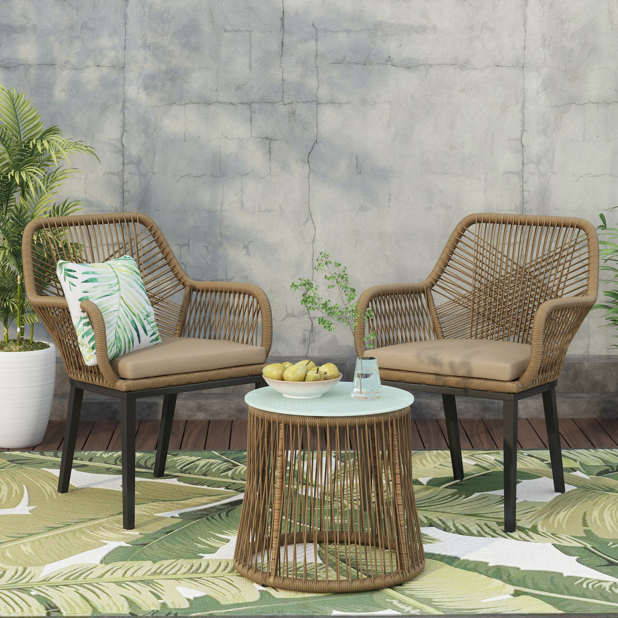 Conversation Set With Tempered Glass Table Top - Light Brown