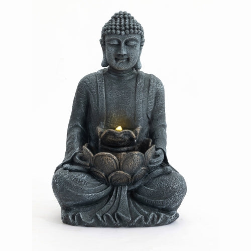28" Height Zen-Style 2-Tier Meditating Buddha Water Fountain with Pump & LED Light, Outdoor Waterfall & Buddha Statue for Garden, Patio & Backyard