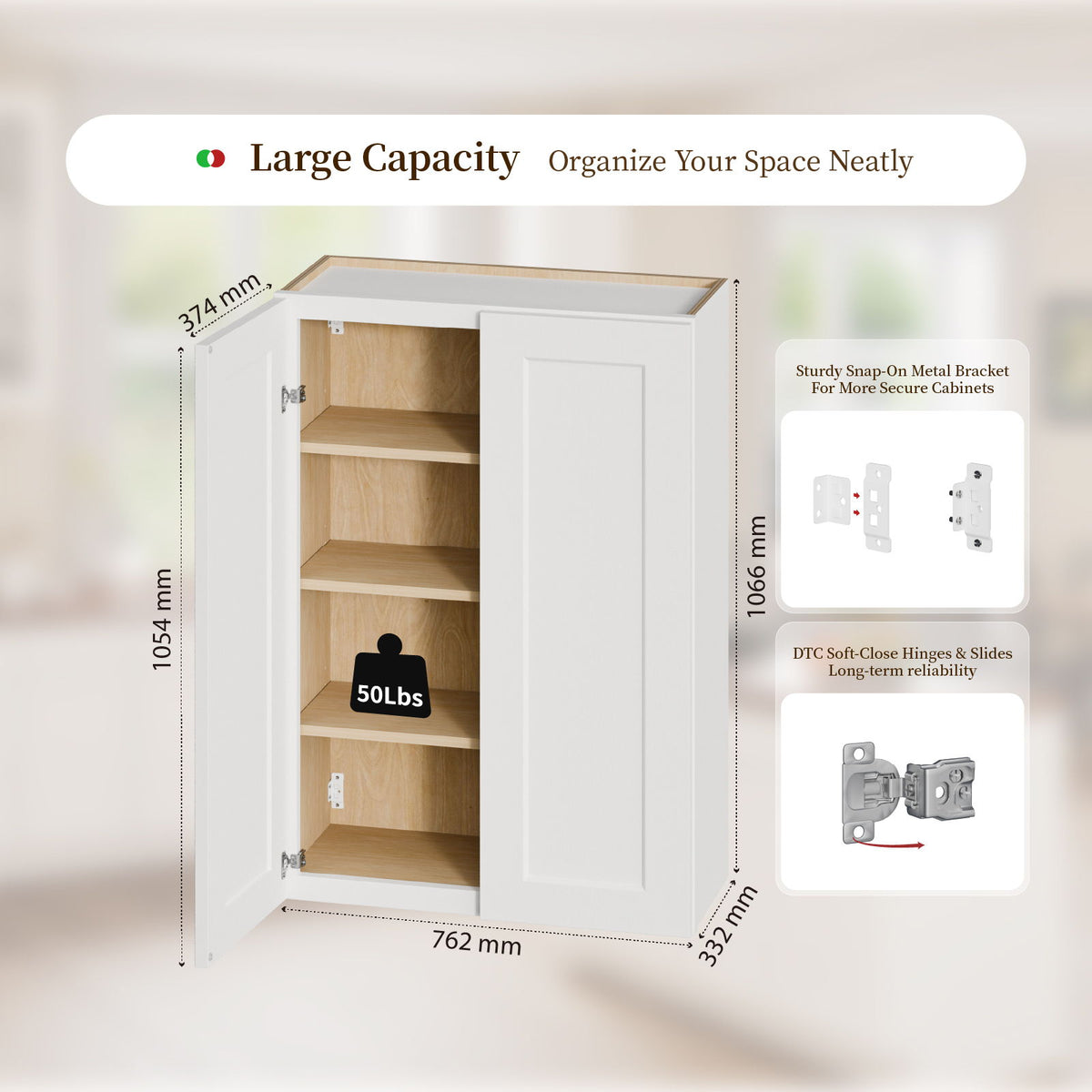 Shaker Wall Cabinet With Soft Close Hinges, Adjustable Shelves, Double Door