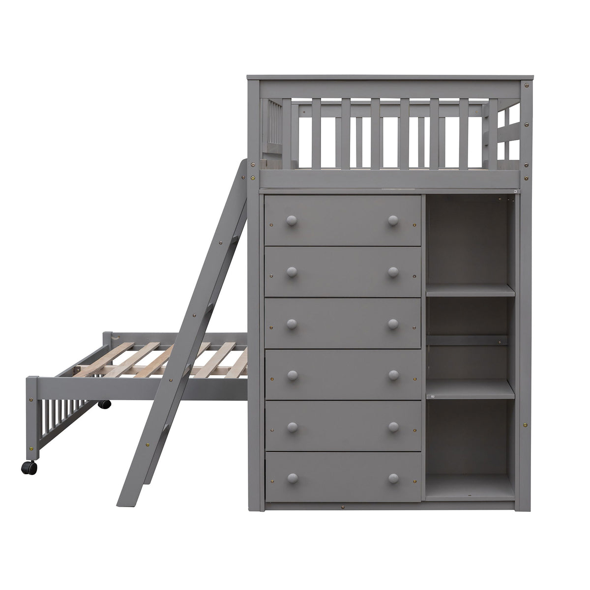 Twin Over Full Bunk Bed With 6 Drawers And Flexible Shelves, Bottom Bed With Wheels - Gray