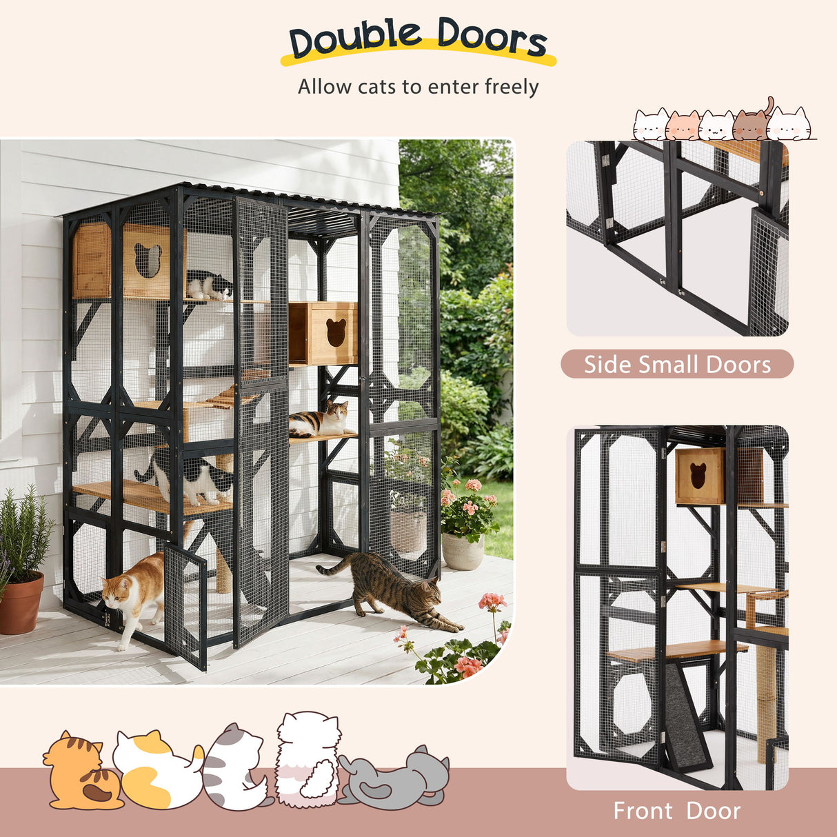 Outdoor Cat Enclosure Catio With Sleeping Houses, Jumping Platforms, Scratching Post, Secure Doors - Black / Brown