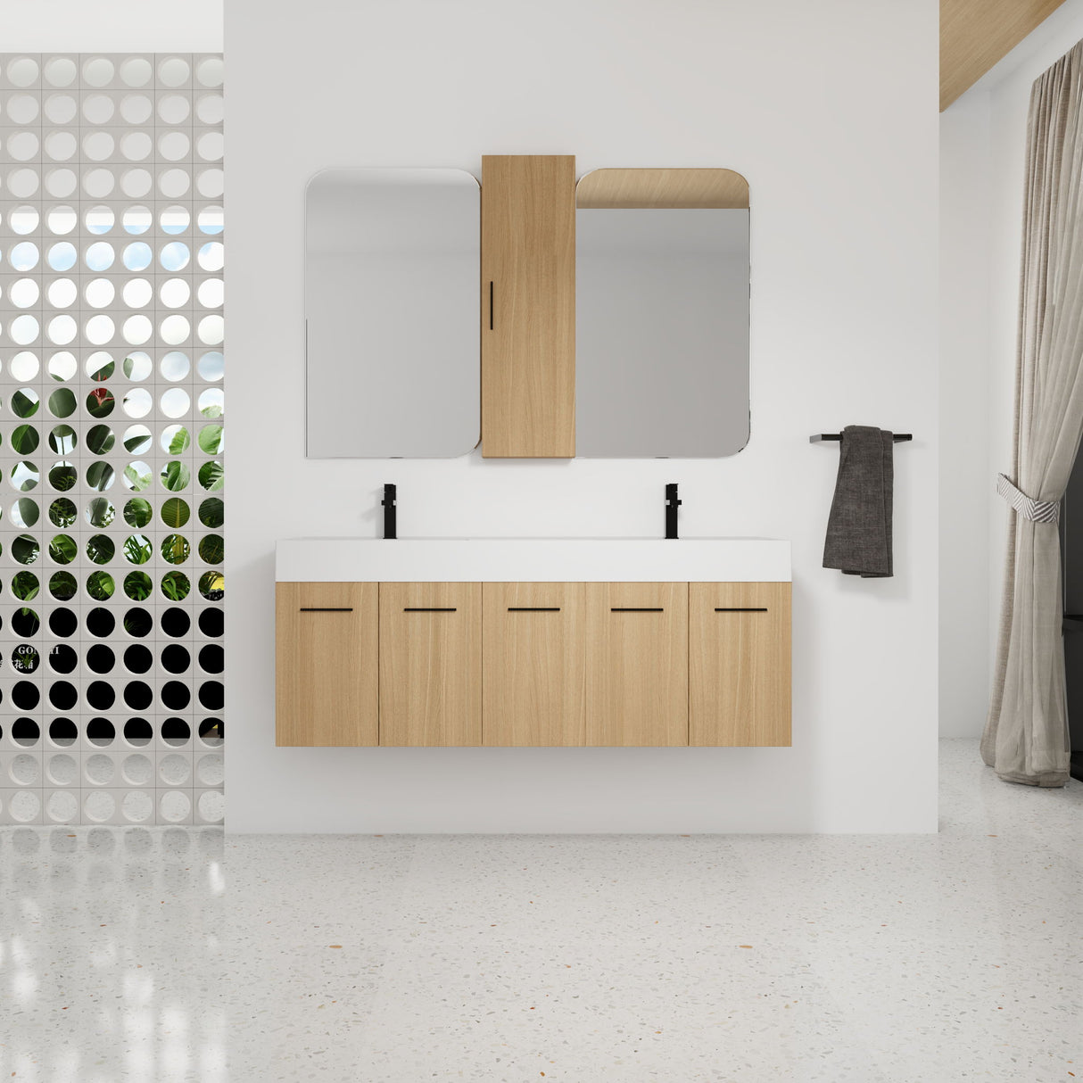 Floating Double Sink Bathroom Vanity Set With Tall Linen Cabinet, Extra Large Storage, Integrated Sink, Soft Close Doors - Glossy White / Light Oak
