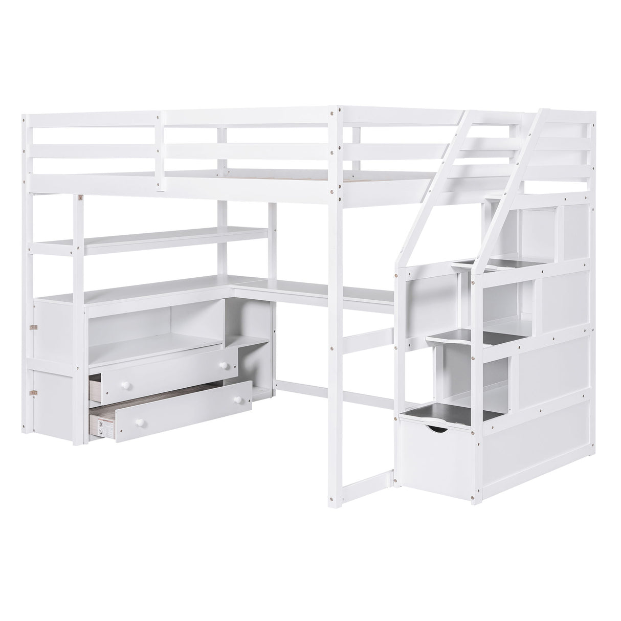 Loft Bed With Desk, Shelves, 2 Drawers, Storage Staircase