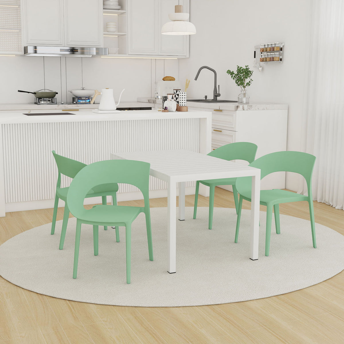4 Piece Set Of Color Block Designed Single Chairs With Long Table - Haze Green / White
