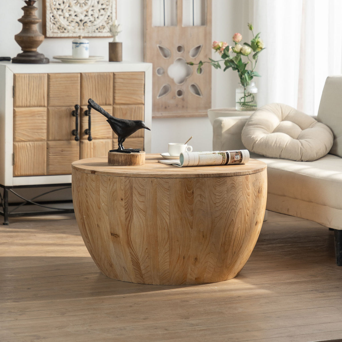 Vintage Style Barrel Coffee Table With Storage