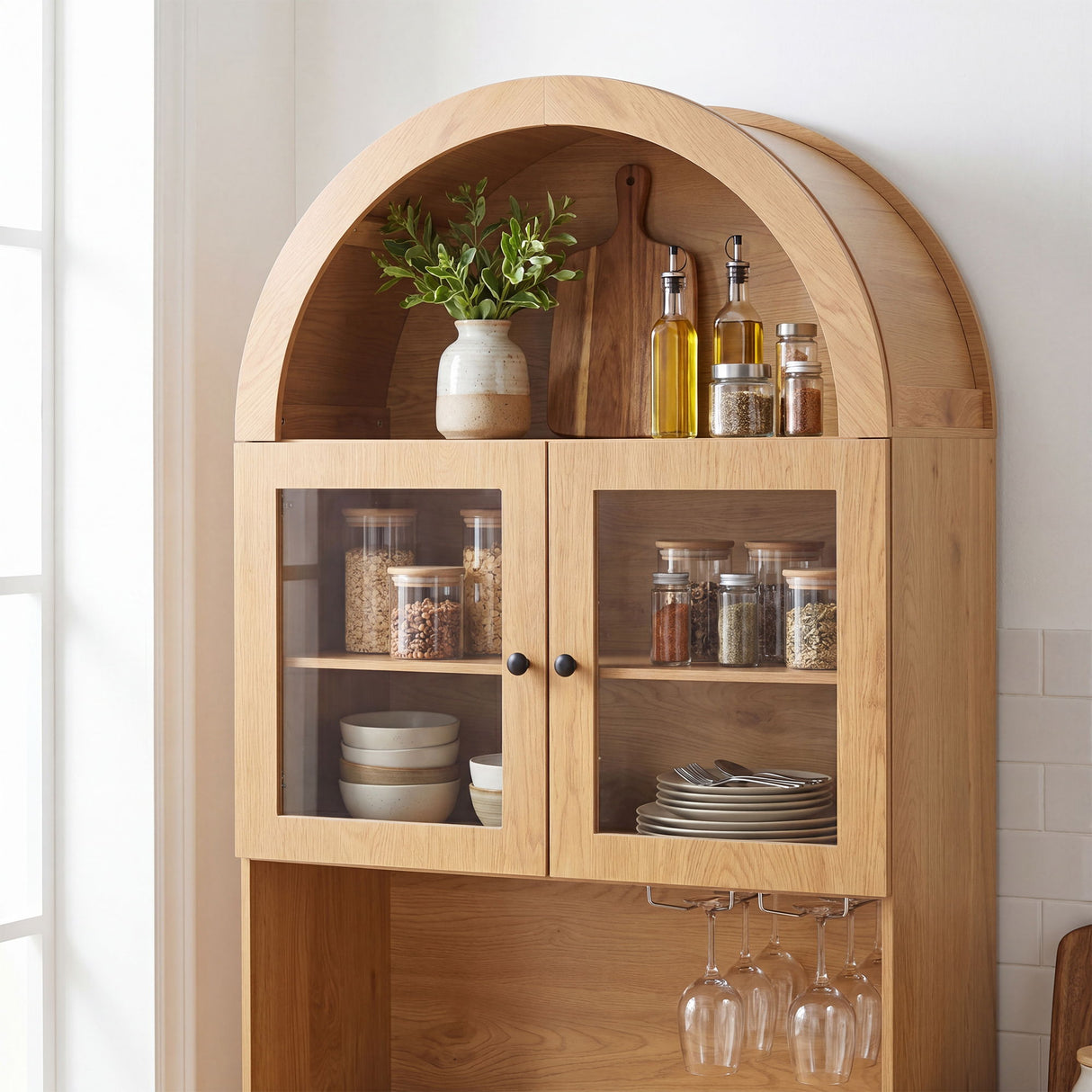 Tall Arched Pantry Cabinet With Charging Station, Adjustable Shelves, Coffee Bar