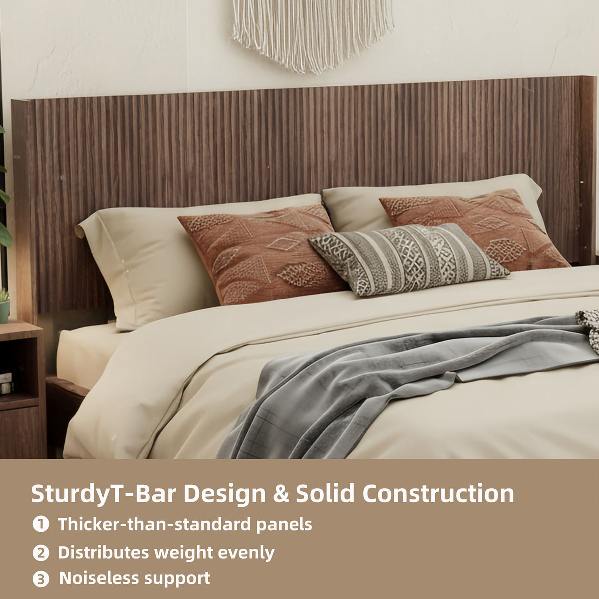 King Size Headboard, Wide Wall Mounted Fluted Panel Wingback - Walnut