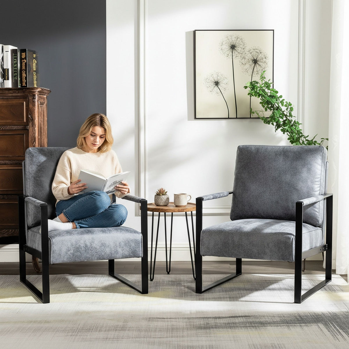Classic Mid Century Modern Accent Chair With Durable Square Metal Frame, Armchair