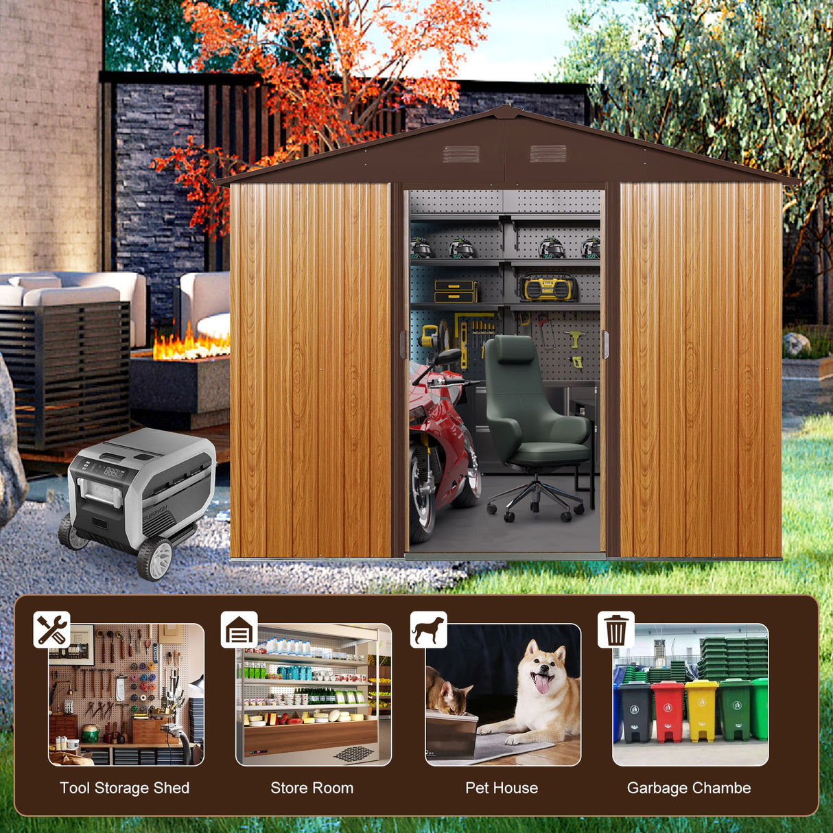 Outdoor Metal Storage Shed Garden Building Heavy Duty with Floor Base