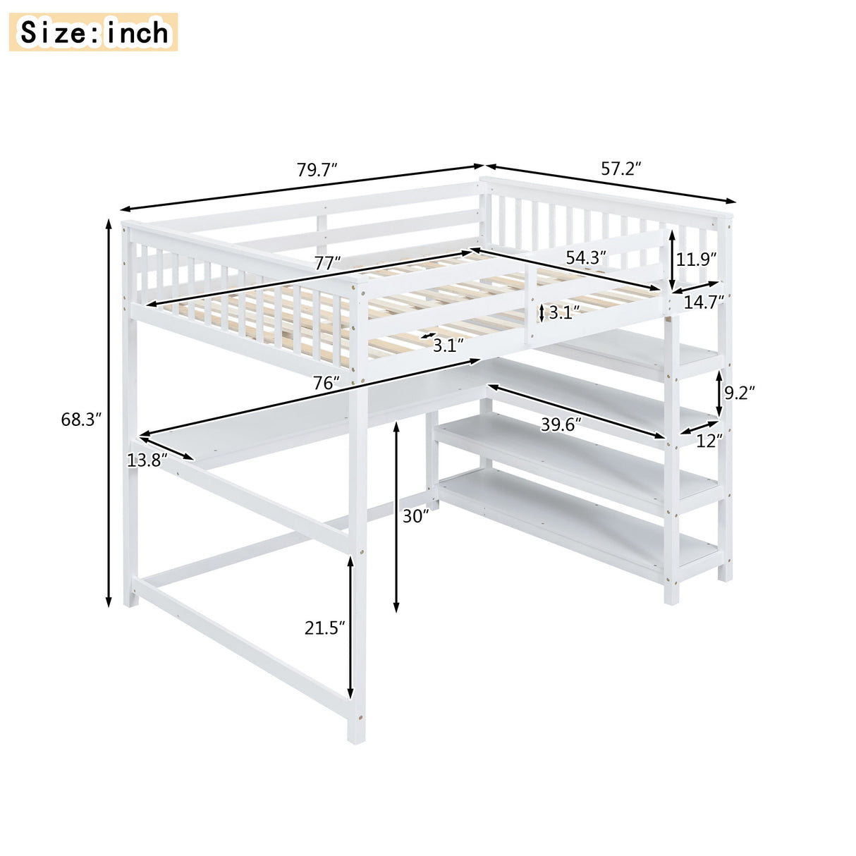 Loft Bed With Storage Shelves And Under Bed Desk
