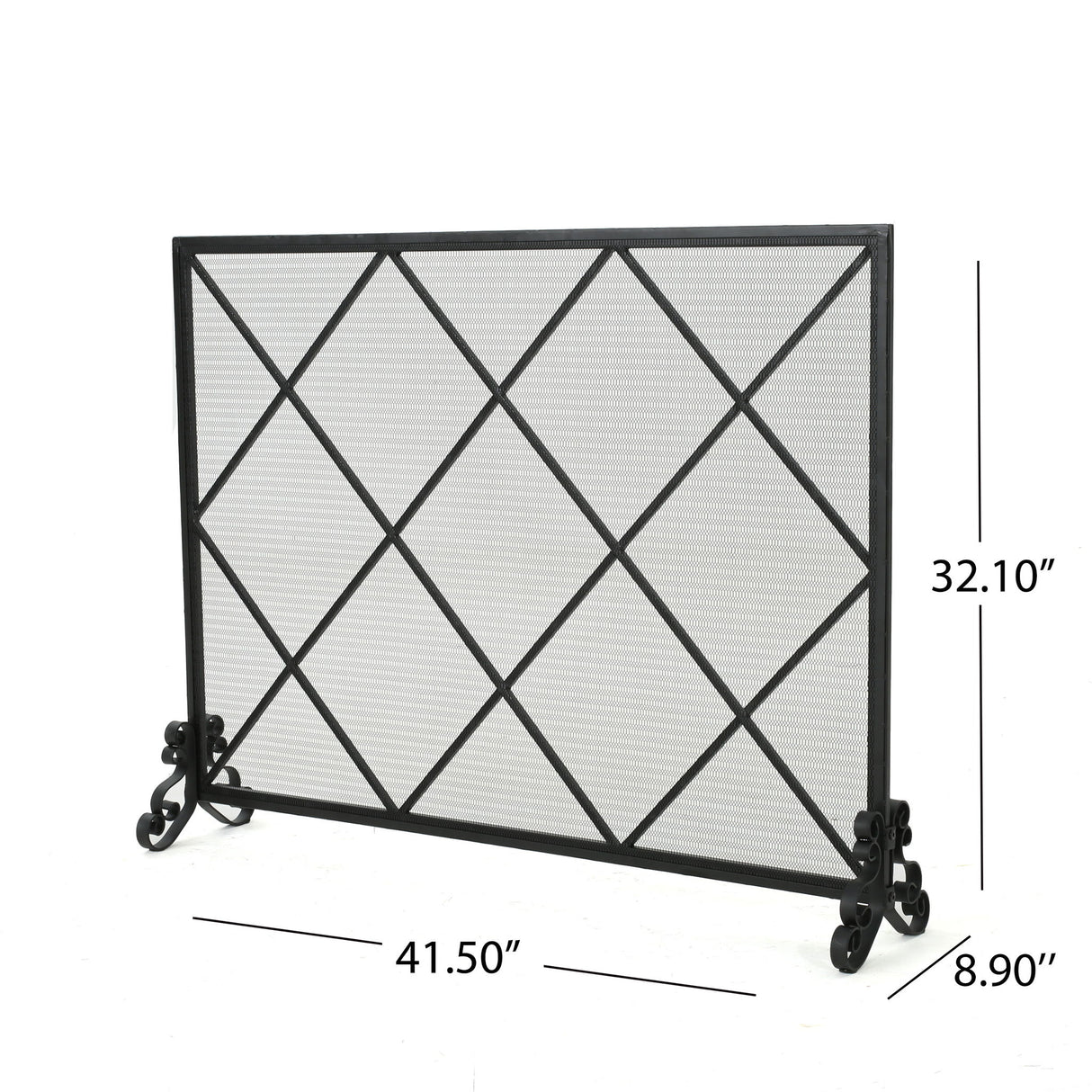 Minimalist Single Panel Iron Fireplace Screen With Diamond Design - Black