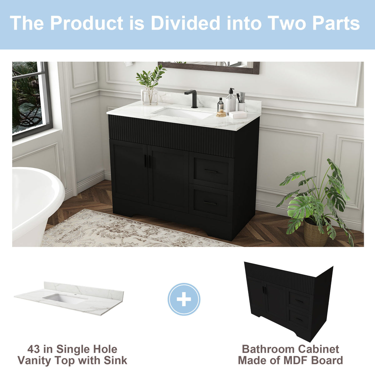 Bathroom Vanity Set, Fluted Cabinet, Soft Close Doors, Single Faucet Hole, Sink Included - Black