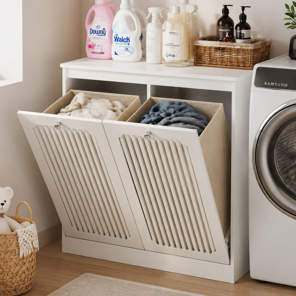 Louvered Flip Top Laundry Cabinet With Dual Fabric Baskets - White