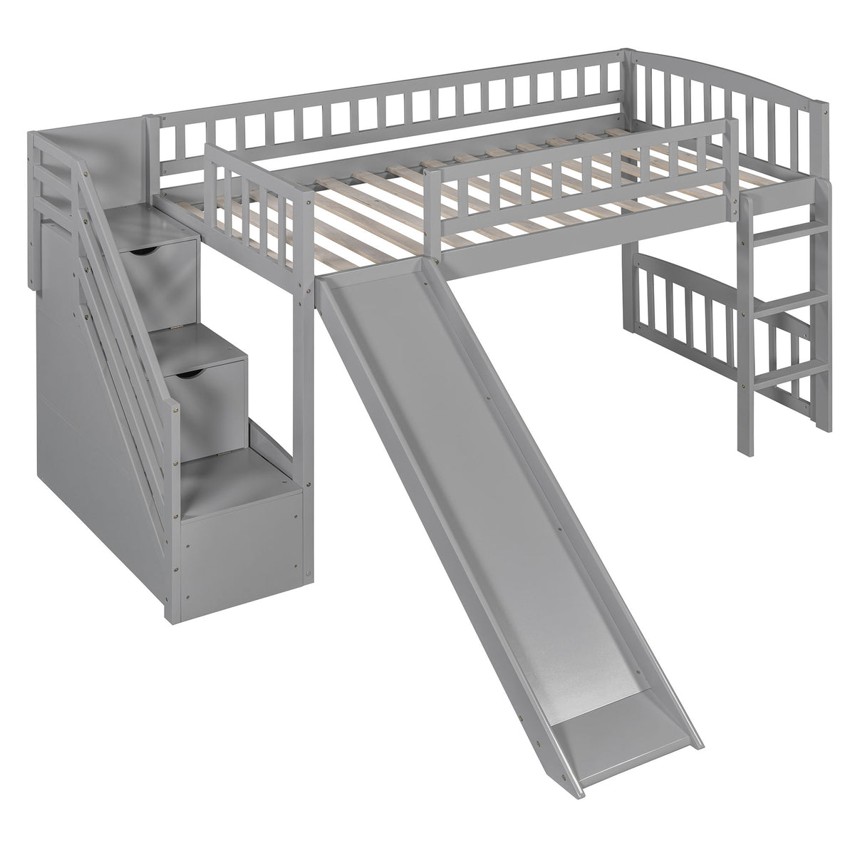 Loft Stairway Bed With 2 Drawers, Convertible Ladder And Slide