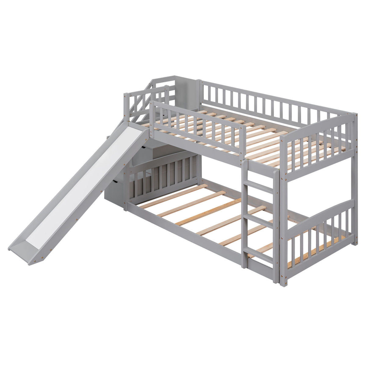 Twin Over Twin Bunk Stairway Bed With 2 Drawers And Slide - Gray