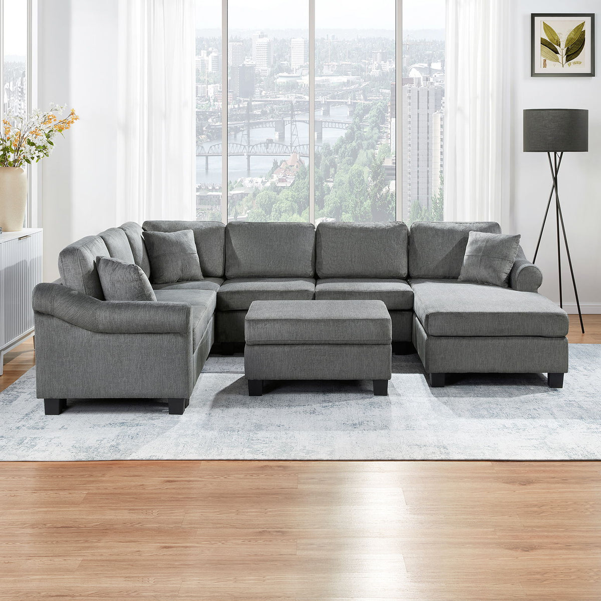 Contemporary U - Shaped Sectional Sofa With Movable Storage Ottoman