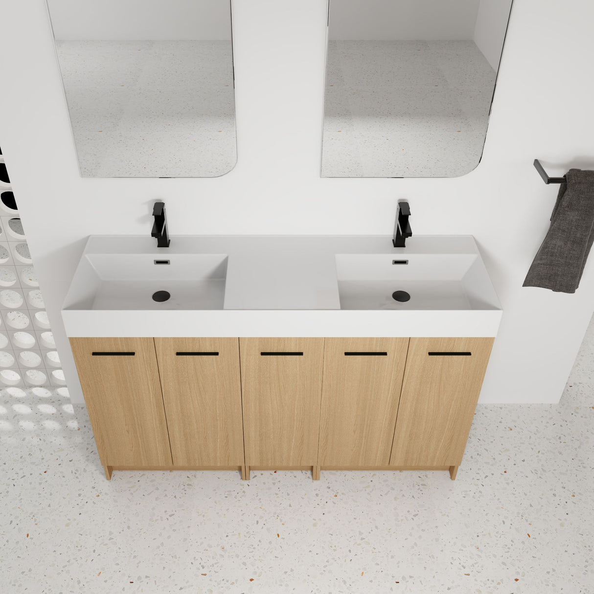 Double Sink Bathroom Vanity With Extra Large Storage, Integrated Sink, Freestanding Cabinet, Soft Close Doors - Glossy White / Light Oak