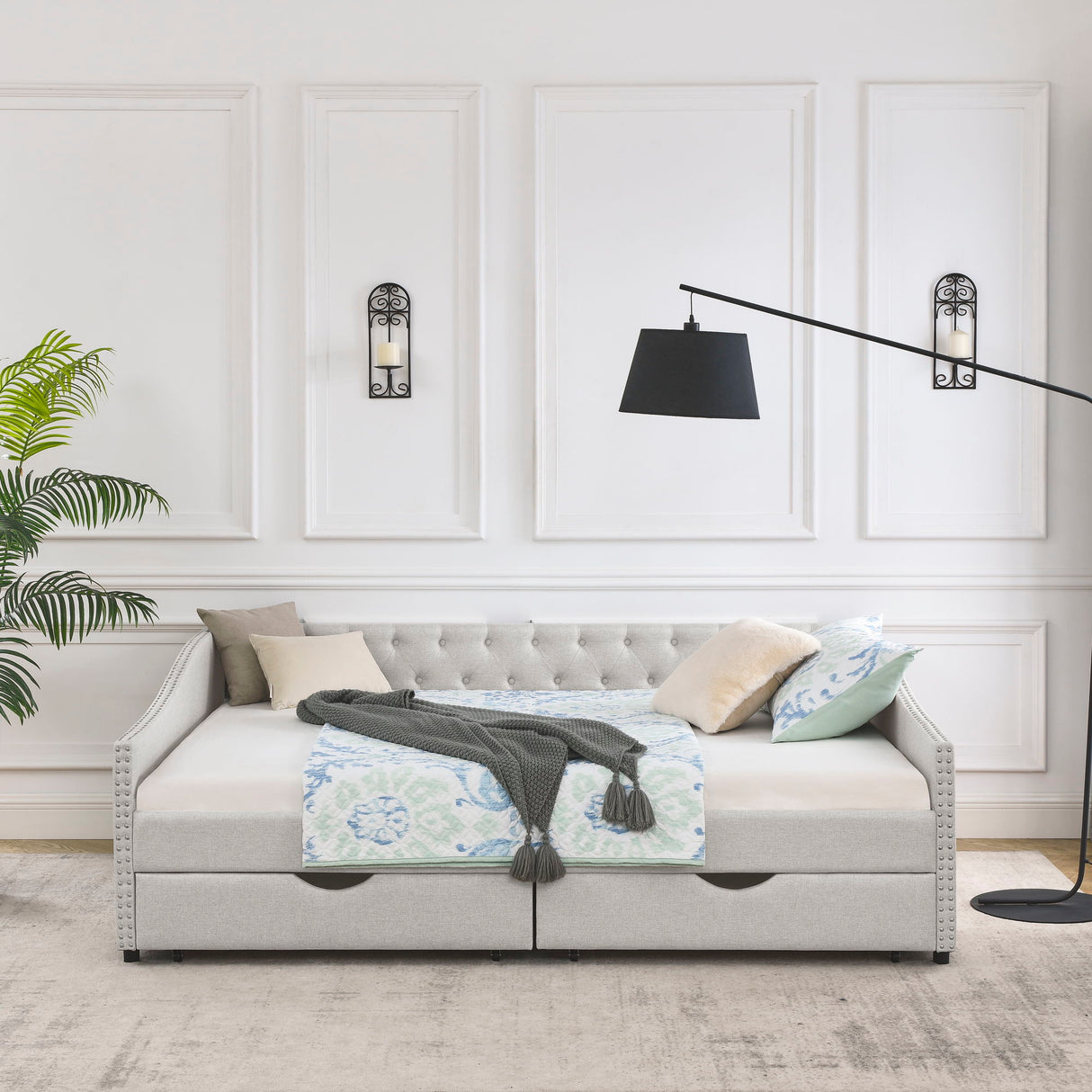 Upholstered Tufted Daybed With 2 Drawers, Waved Arms