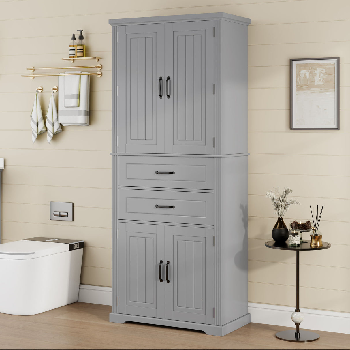 Multi Functional Storage Cabinet With Adjustable Shelves, 2 Drawers, Door Shelves
