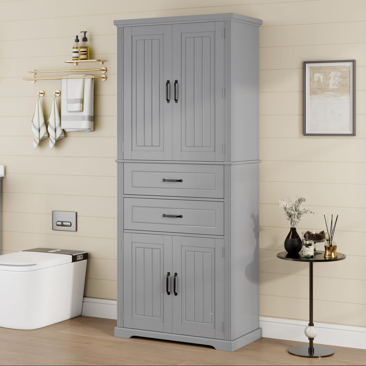 Multi Functional Storage Cabinet With Adjustable Shelves, 2 Drawers, Door Shelves