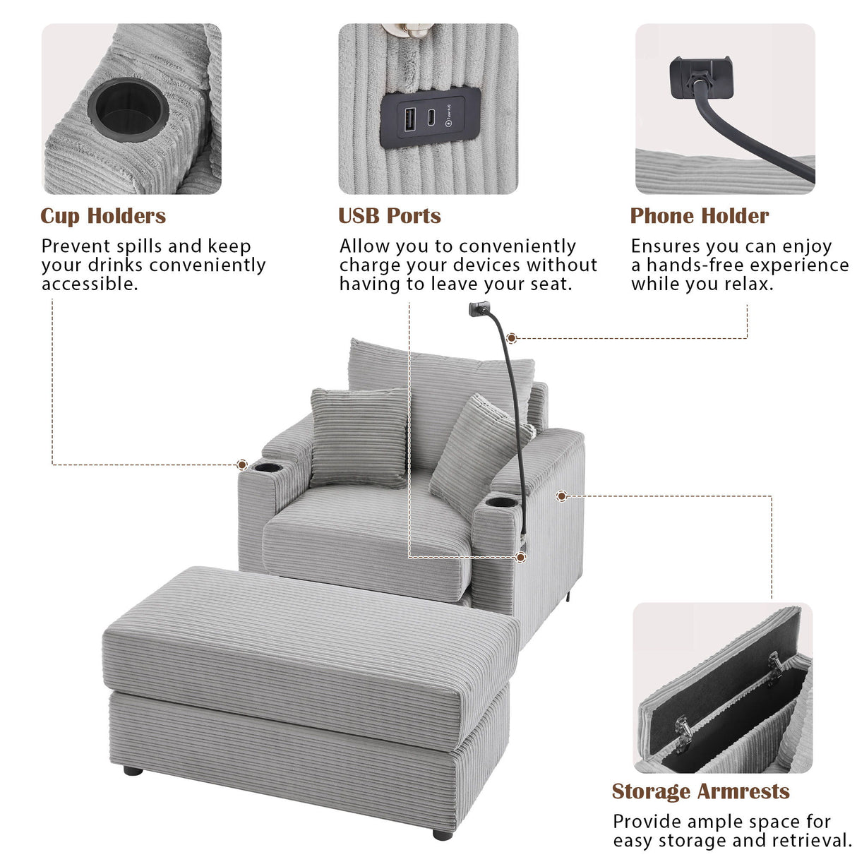 Modern Style Single Sofa Sofa Couch With Storage Space, A Movable Ottoman, 2 USB Ports, 2 Cup Holders, A Phone Holder For Living Room