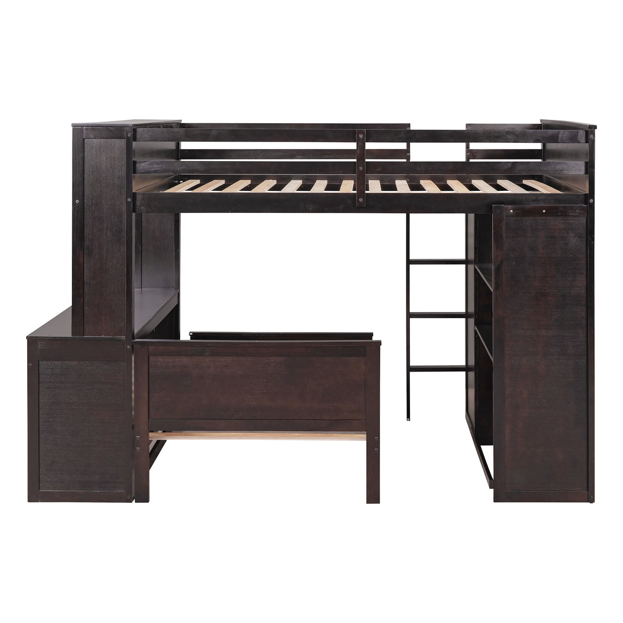 Loft Bed With A Twin Size Standalone Bed, Shelves, Desk, And Wardrobe