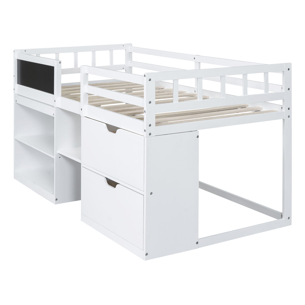 Low Loft Bed With Rolling Desk, Shelf And Drawers