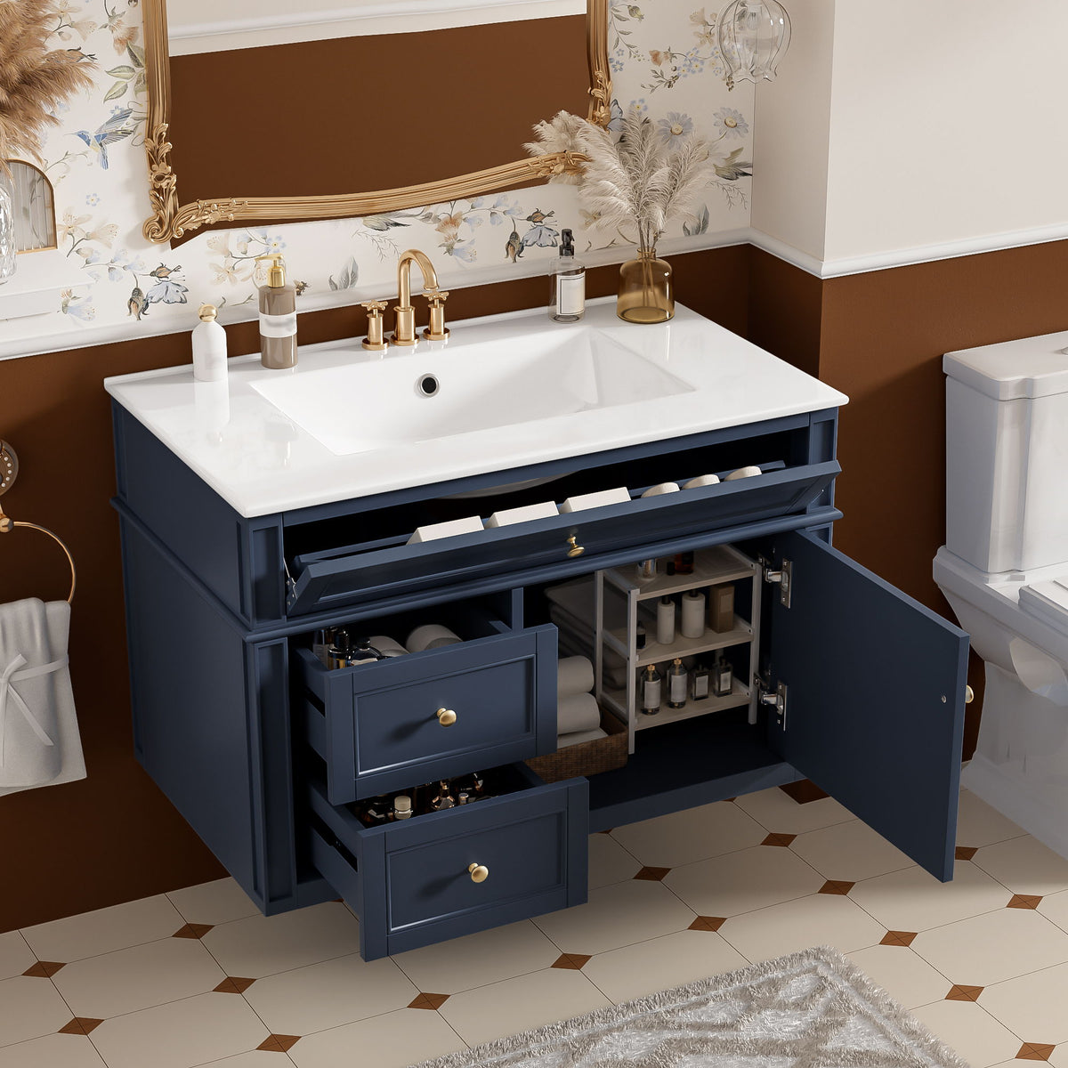 Wall Mounted Bathroom Vanity With 2 Drawers, 1 Tip Out Drawer, 3 Holes Sink