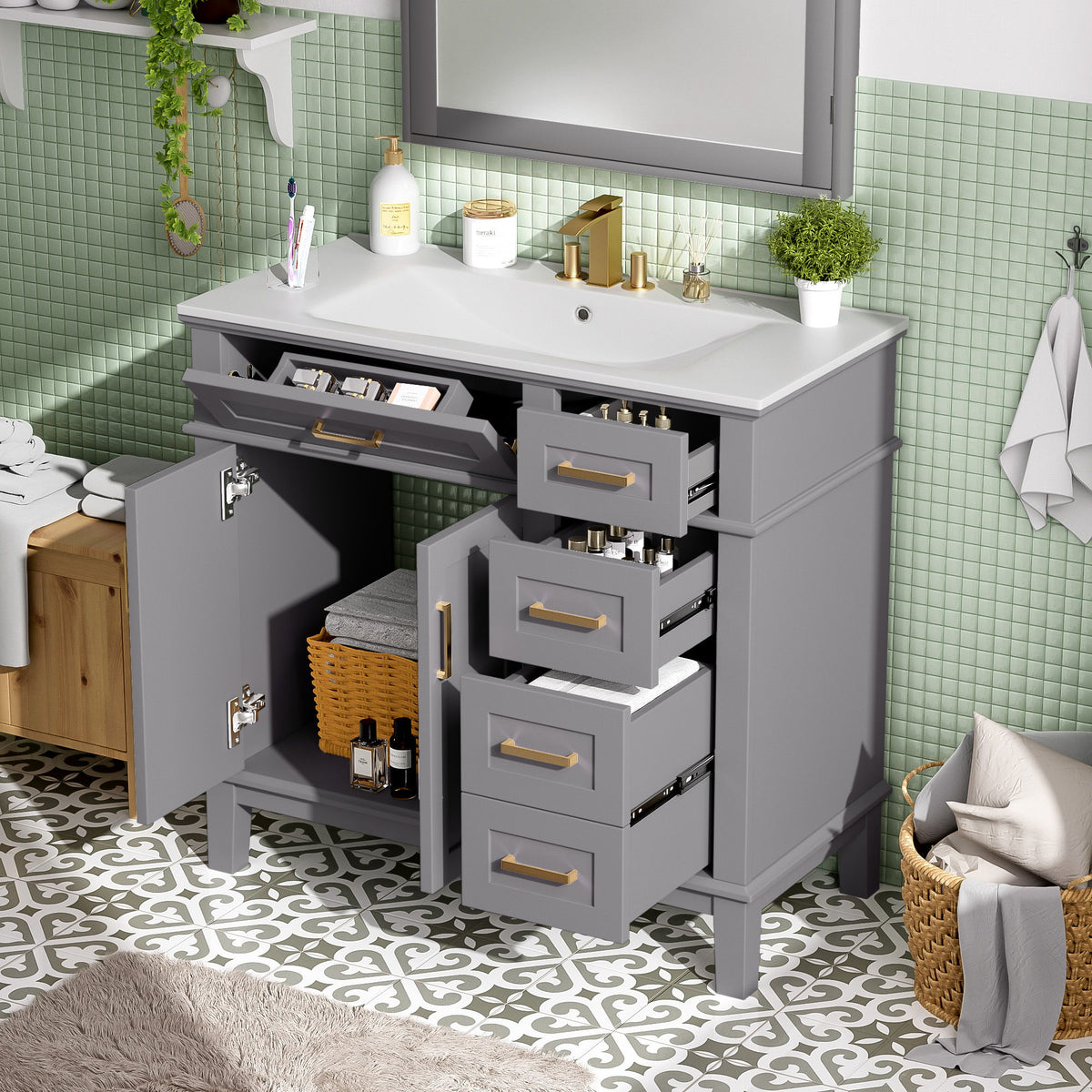 Modern Bathroom Vanity With Ceramic Sink, Soft Close Storage Cabinet