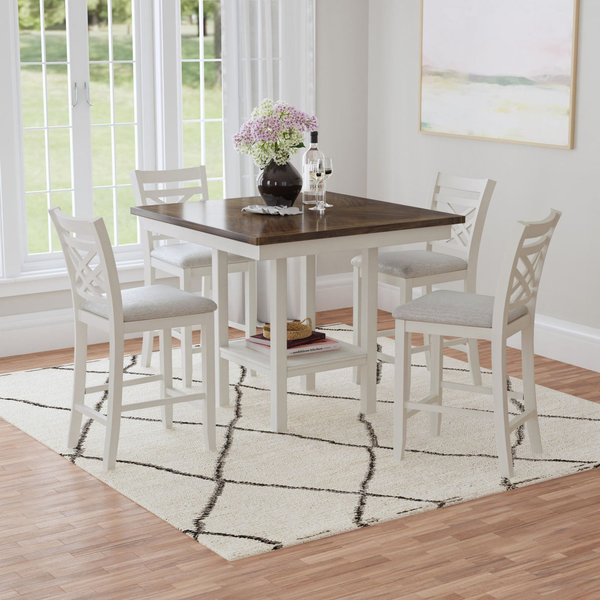 Brooks - 5 Piece Counter Set With Table And 4 Upholstery Seat & Wood Back Chairs - Medium Brown & White
