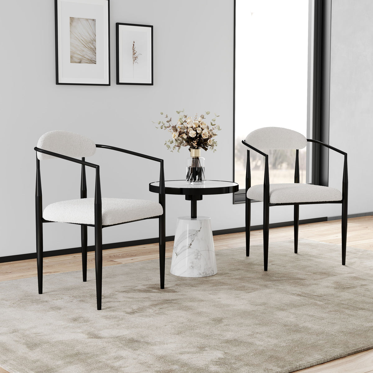 Dining Chairs (Set of 2), Mid-Century Modern Dining Chairs, Kitchen Dining Room Chairs, Round Boucle Backrest Sherpa Dining Chair With Metal Legs - White / Black