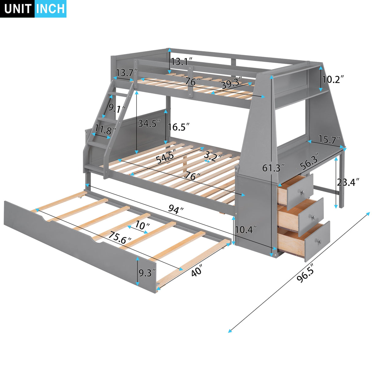 Bunk Bed With Trundle And Built In Desk, 3 Storage Drawers And Shelf