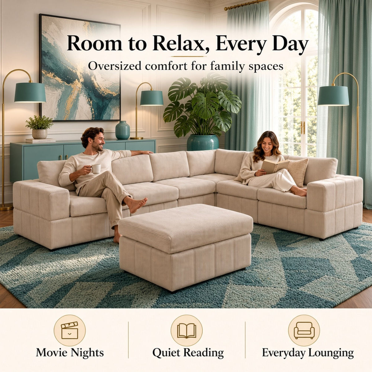 Oversized Modular Sectional Sofa, Reversible With Ottoman